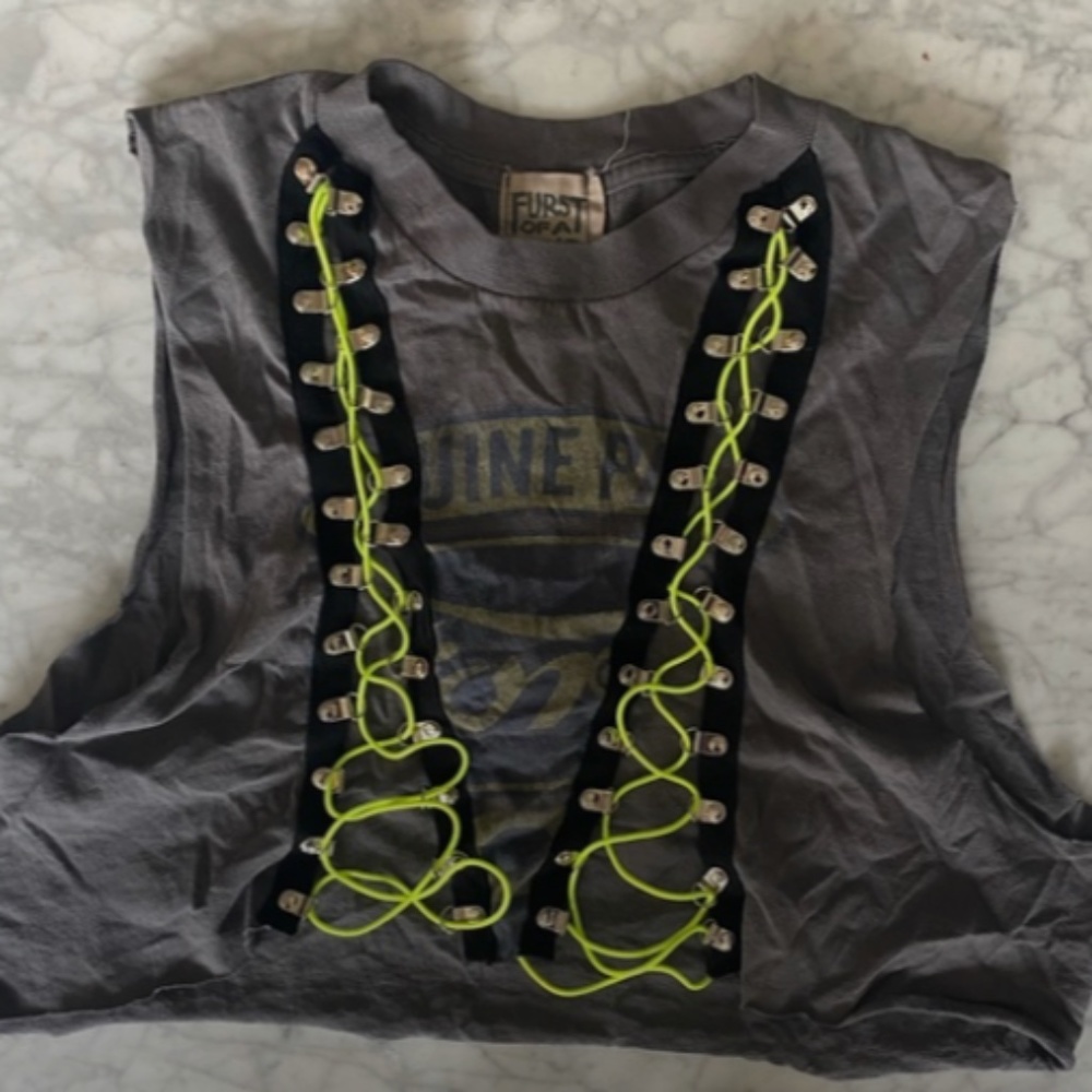 vintage tank top from LF brand : Furst of a Kind. Neon green ties. size Small